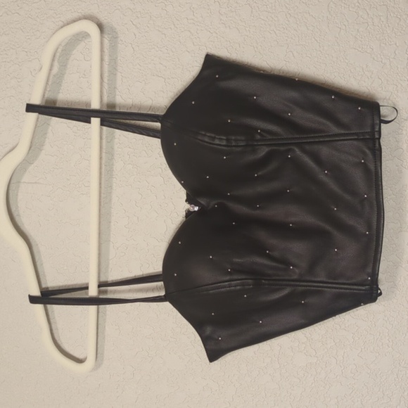 Say What? Tops - Say what? black faux leather sweetheart neckline rhinestone studded crop top